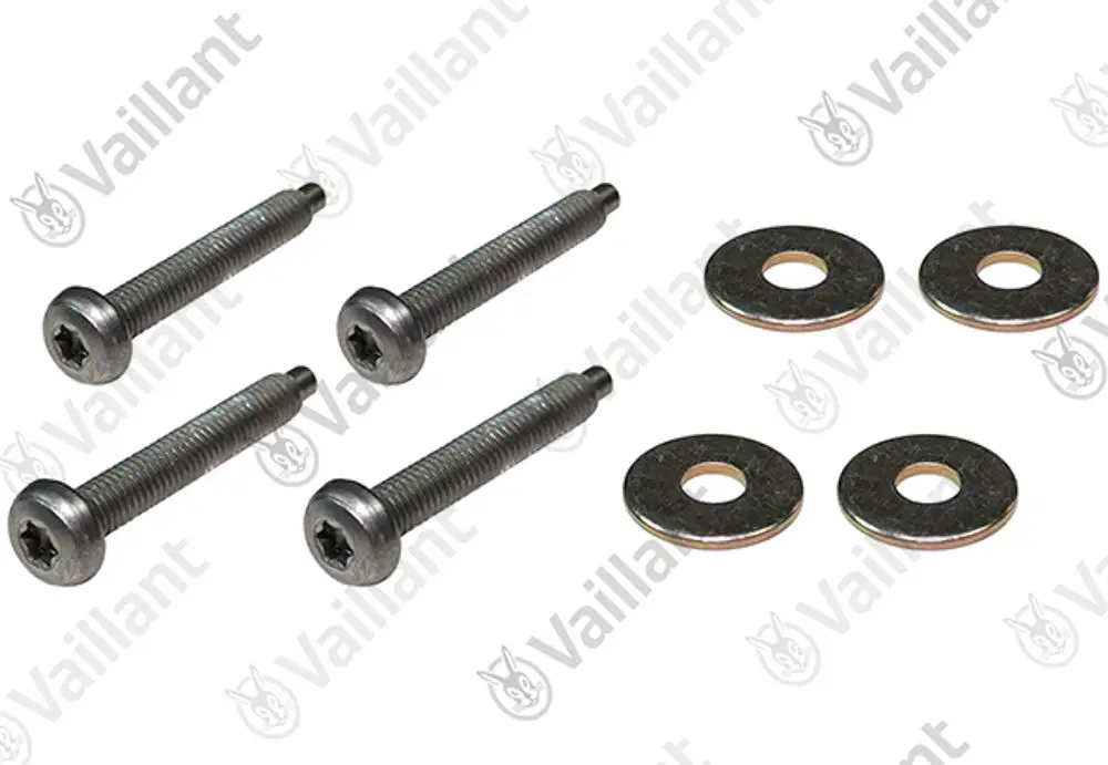 Vier Schrauben und vier Unterlegscheiben aus Metall von Vaillant, geeignet für verschiedene Anwendungen in Heizungsanlagen.